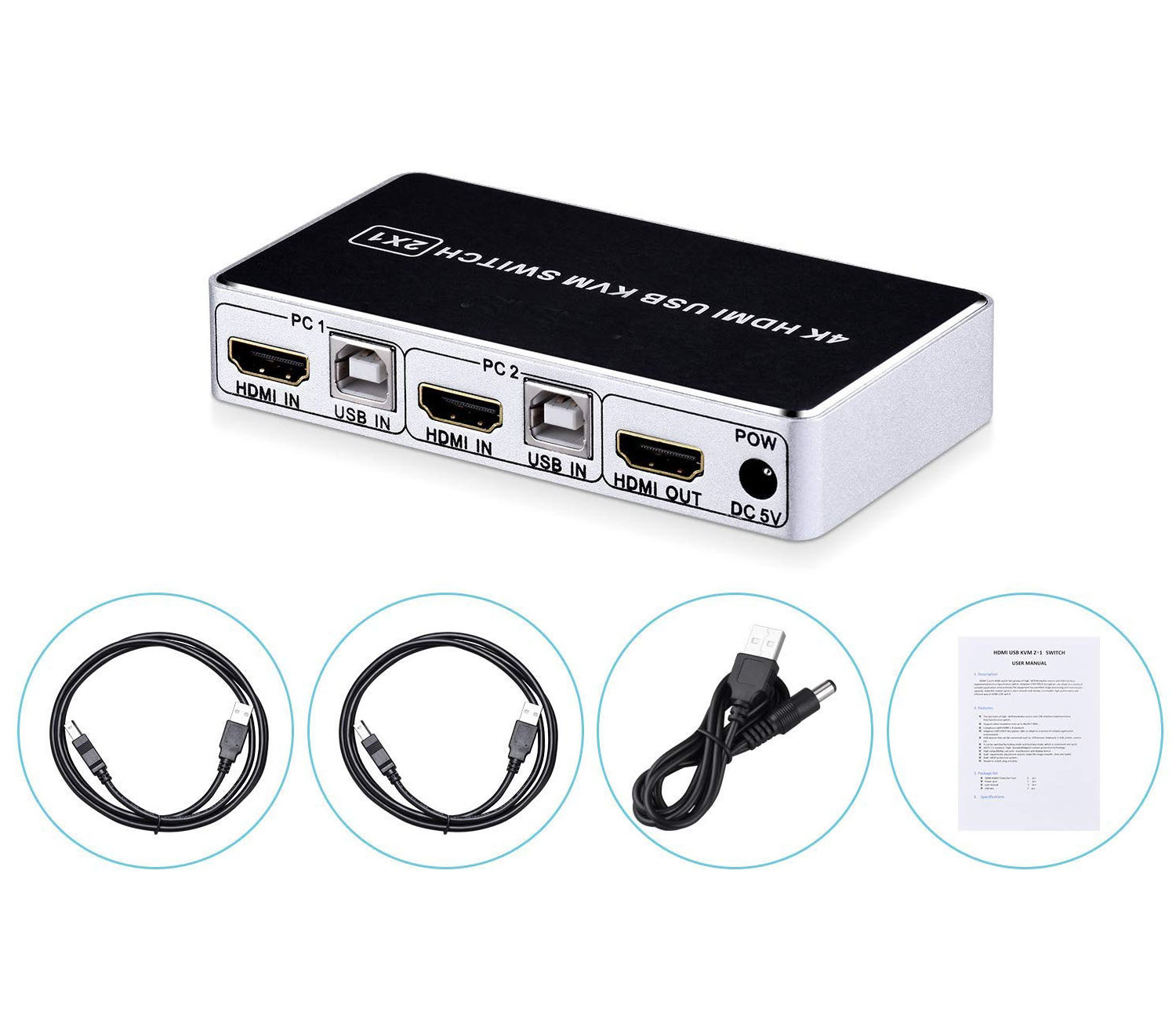 4K 2 Port HDMI KVM Switch Keyboard Mouse Switcher Include 2 USB Type-B Cable 4k@30HZ 3D for Laptop PS4 Xbox one HDTV Monitor